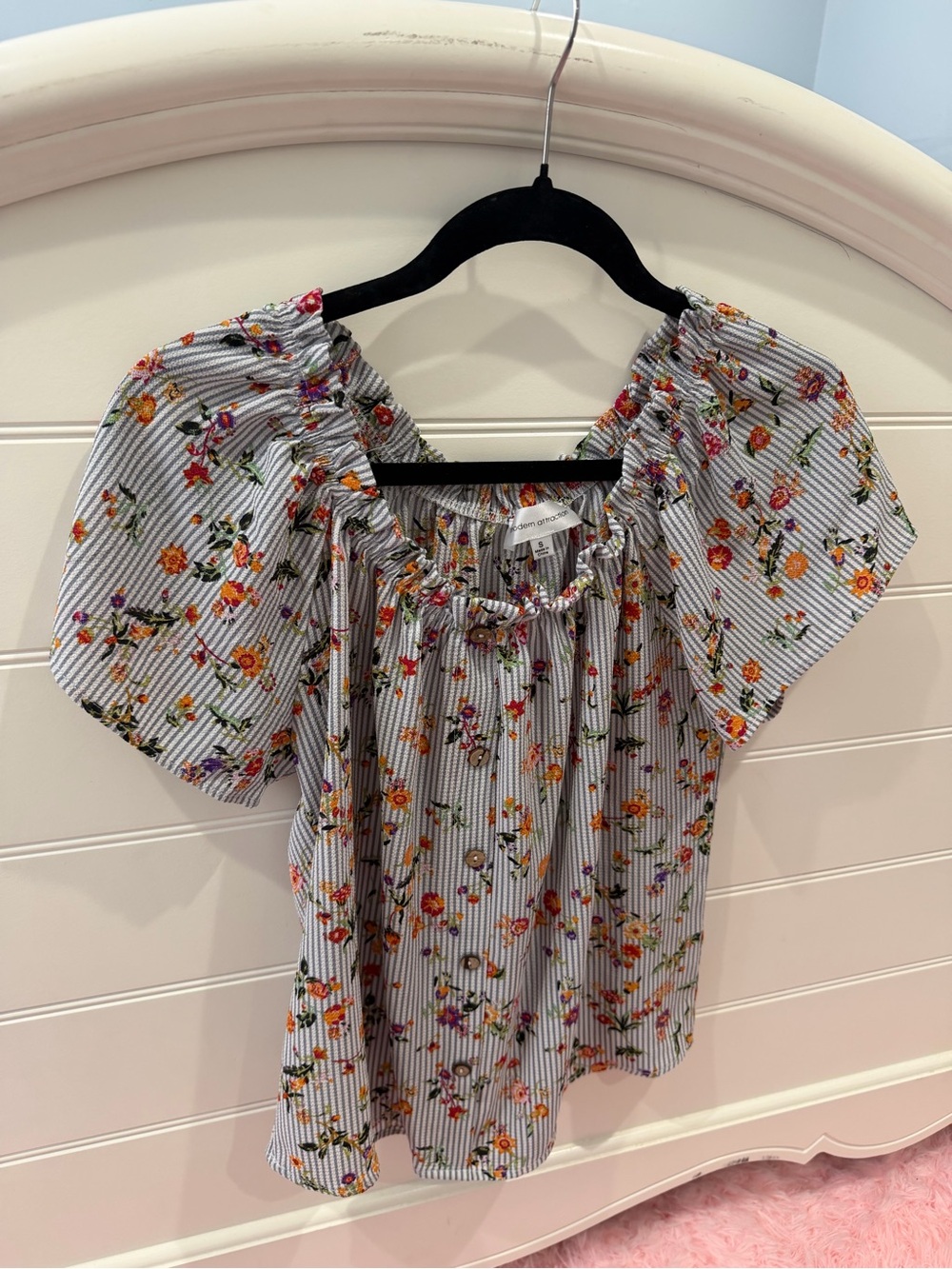 Striped Floral Off-Shoulder Blouse in White and Multicolor